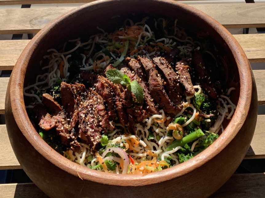 Summer beef noodle salad made with certified 100% grass-fed, organic beef 